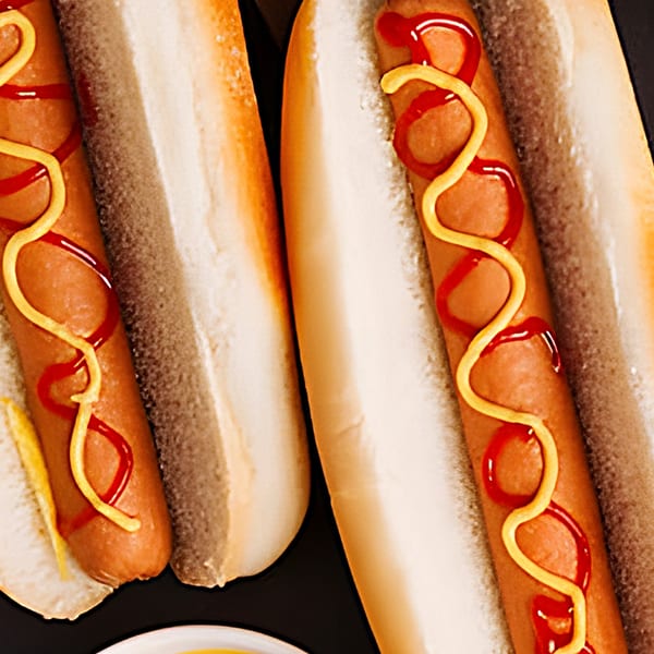 Two hot dogs in buns, topped with red ketchup and yellow mustard, on a dark surface.