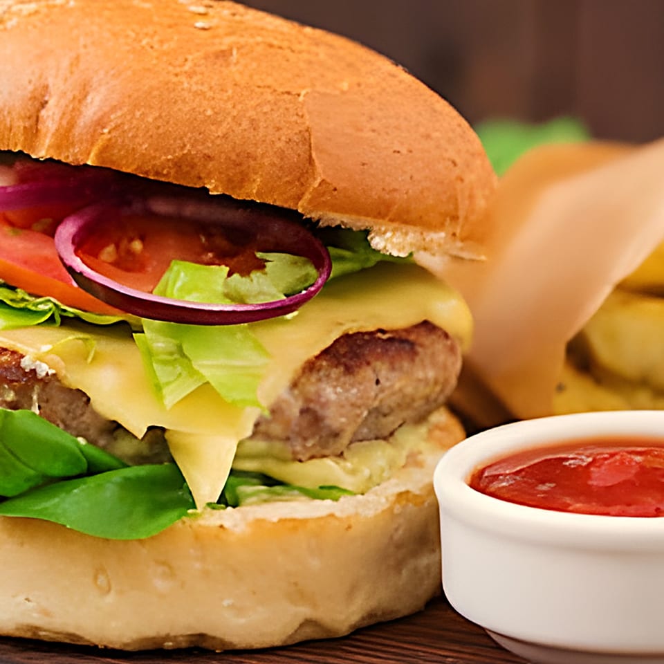 Close-up of a cheeseburger with lettuce, tomato, and red onion, next to a small bowl of ketchup.